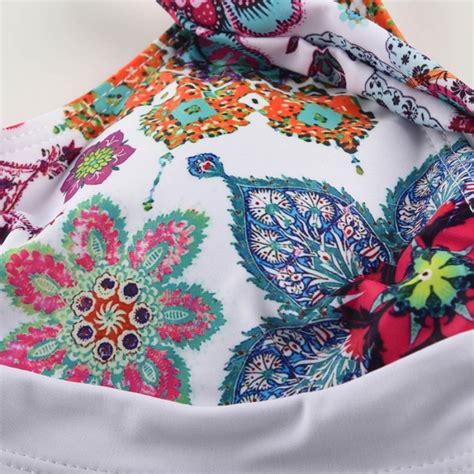 Sexy Flower Totem Folk High Waisted Two Piece Set Bikini Bathing Suit Women S Swimwear Halter