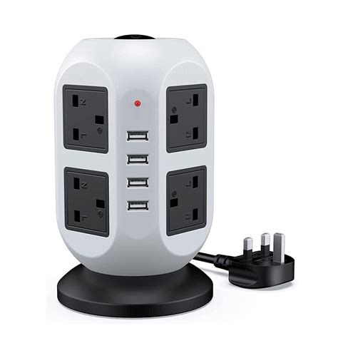 Socket Tower Mains Power Extension Lead 8 Way 4 USB Ports Adaptor Plug