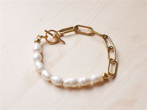 Chunky Chain Pearl Bracelet Half Pearl Half Chain Bracelet Etsy