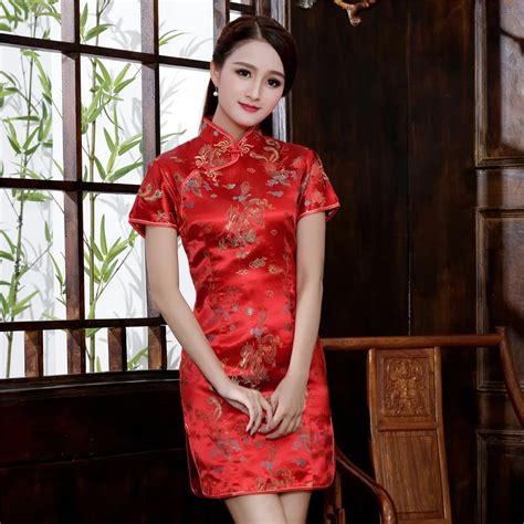 Chinese Style Women Dragon Phenix Qipao Classic Red Satin Cheongsam Plus Size Short Sleeve Mini