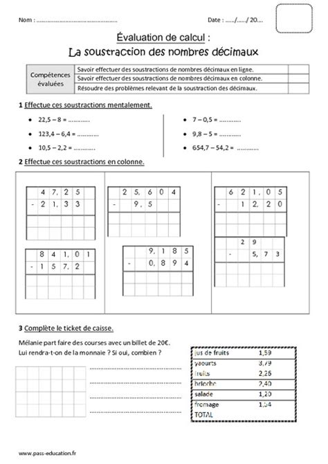 Soustraction des nombres décimaux Cm1 Bilan avec le corrigé Pass