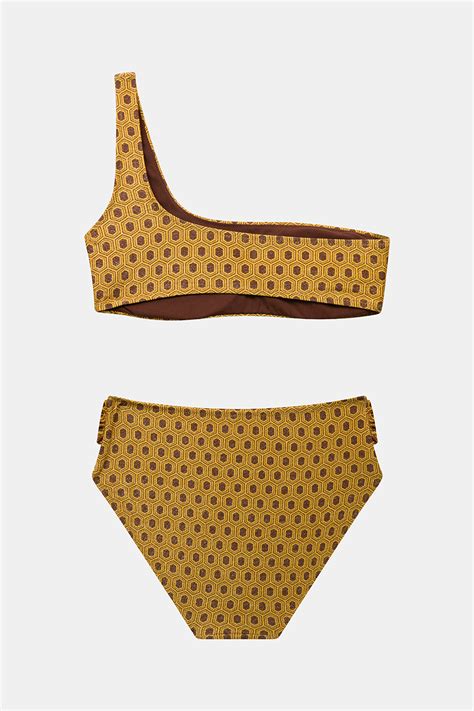 Women F Fth Sense She S Whiskey N A Teacup Mustard Print Bikini
