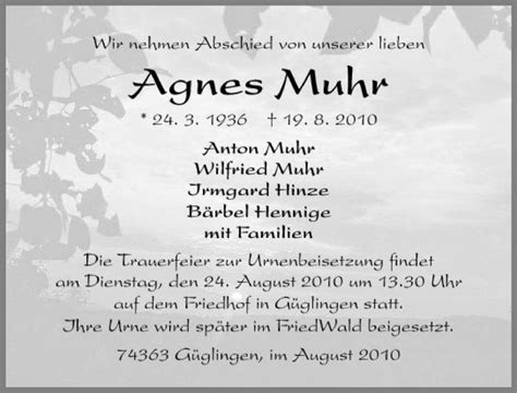 Traueranzeigen Von Agnes Muhr Trauerundgedenken De