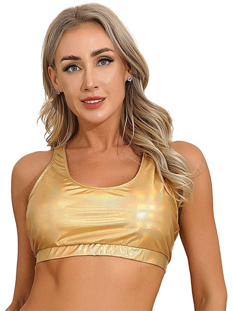 Yizyif Womens Shiny Metallic Sports Bra Top Criss Cross Back Workout