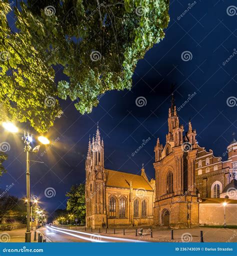 Vilnius City At Night. Church And Road View, Long Exposure. Most