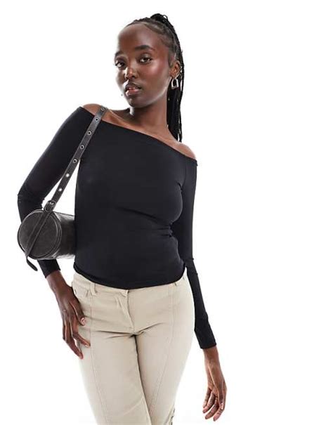 Weekday Off Shoulder Long Sleeve Top In Black Asos