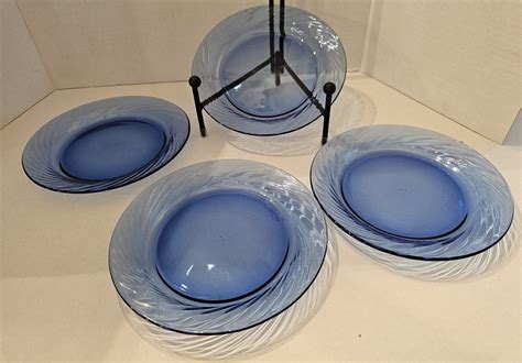 4 Pyrex Festiva Cobalt Blue Swirl Glass Dessert Bread Plates 7 5