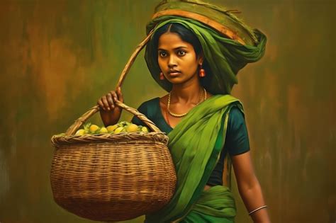 Premium Ai Image Indian Woman Carrying A Big Basket Of Fresh Fruit On