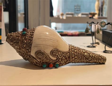 Tibetan Buddhist Conch Shell With Beautifully Carved Silver Coral