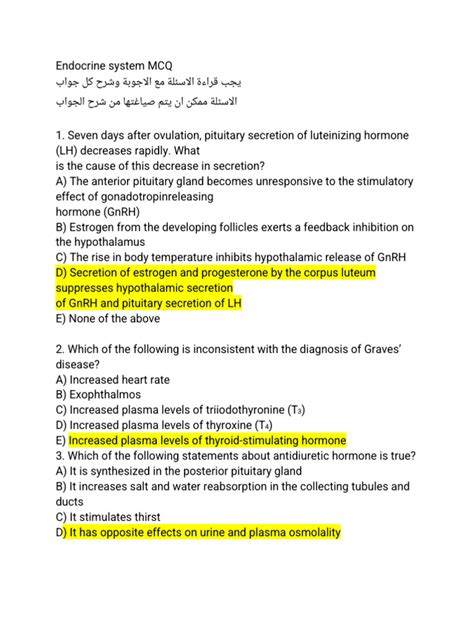 Mcqs For Endocrine System Pdf Luteinizing Hormone Thyroid