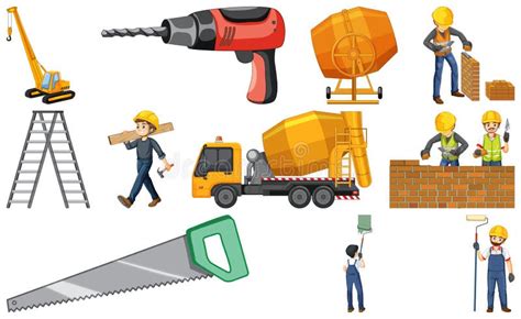 Construction Worker Set With Many Tools Stock Vector Illustration Of