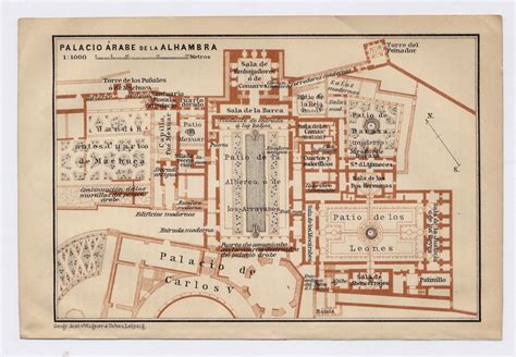 1898 ORIGINAL ANTIQUE MAP OF PALACE OF ALHAMBRA GRANADA / ANDALUSIA ...