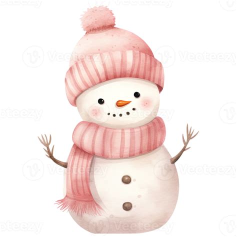 Ai Generated Adorable Pink Christmas Snowman Clipart In Watercolor