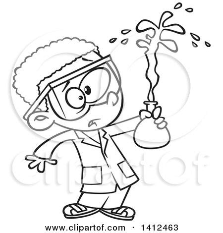 Cartoon Black and White Lineart African American School Boy Holding a Bad Chemistry Mix in ...