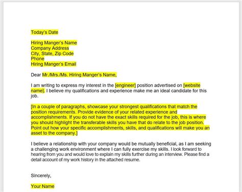 engineer cover letter cover letter template editable cover letter