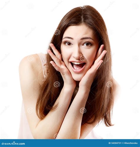 Beautiful Young Smiling Woman Happy Ecstatic Gesturing Surprise Stock