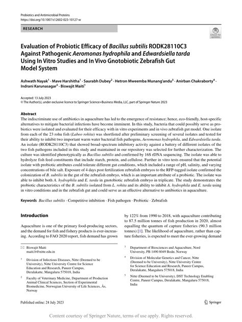 Evaluation Of Probiotic Efficacy Of Bacillus Subtilis Rodk28110c3