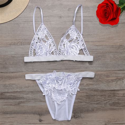 Sexy Women Solid White Floral Hollow See Through Bra Panties Sets Lingerie Nightwear Sleepwear