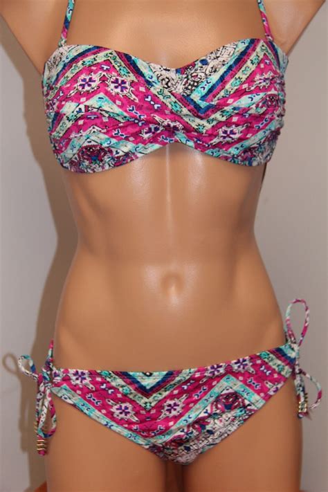 NWT Bar III Swimsuit Bikini 2pc Set Size L Mayan Revival Multi Bandeau