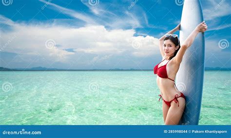 Woman In The Red Bikini On Sea Beach Travel Summer Beach Stock Photo