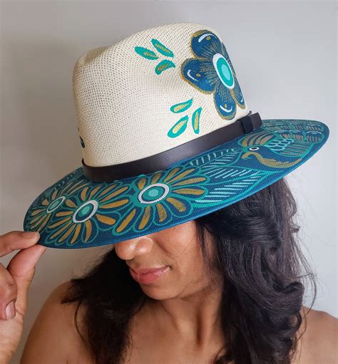 Beautiful Hand Painted Shades Of Blue Flowers On White Straw Hat