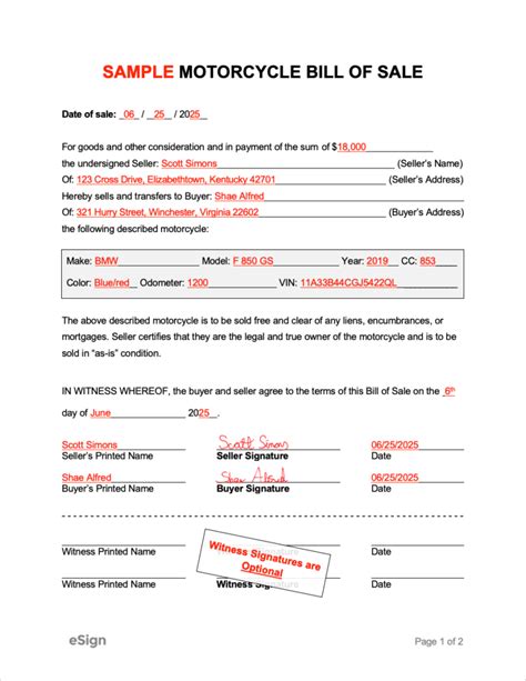 Free Motorcycle Bill Of Sale Form Pdf Word