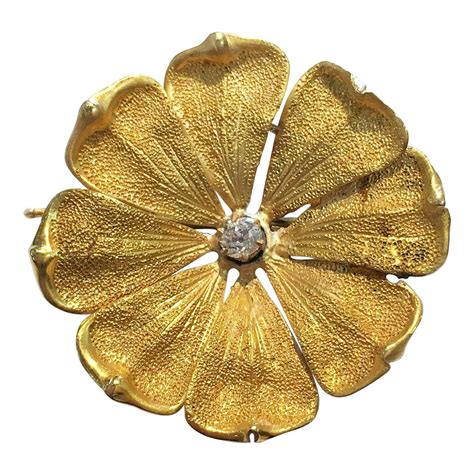 Vintage 18 Karat Gold And Diamond Rose Flower Brooch Pin 1960s For