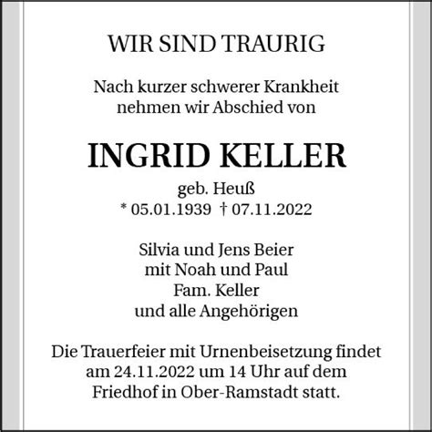 Traueranzeigen Von Ingrid Keller Vrm Trauer De