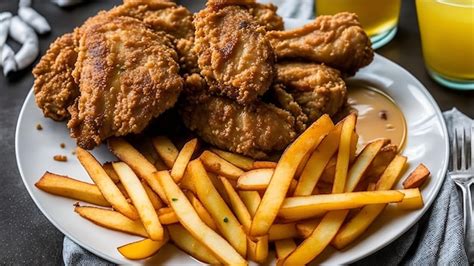 Premium Photo A Plate Of Fried Chicken And Fries With A Yellow Cup Of