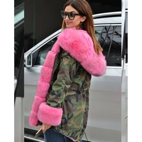 Camo Military Fur Collar Women Parka Winter Hooded Pink Faux Fur Liner