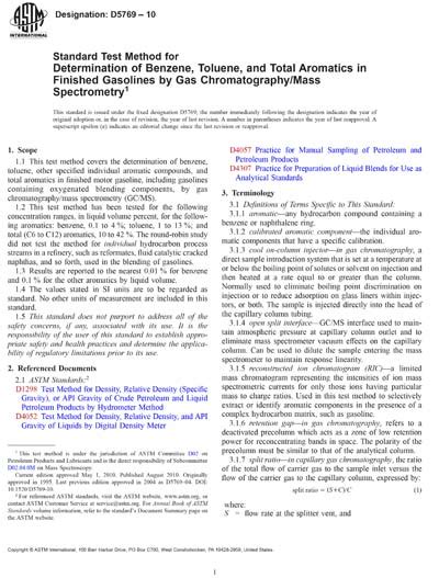 Astm D5769 10 Standard Test Method For Determination Of Benzene Toluene And Total Aromatics