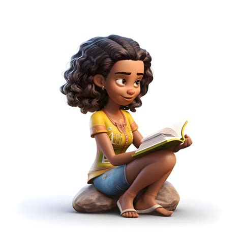 Digital 3d Render De Una Linda Chica Afroamericana Leyendo Un Libro