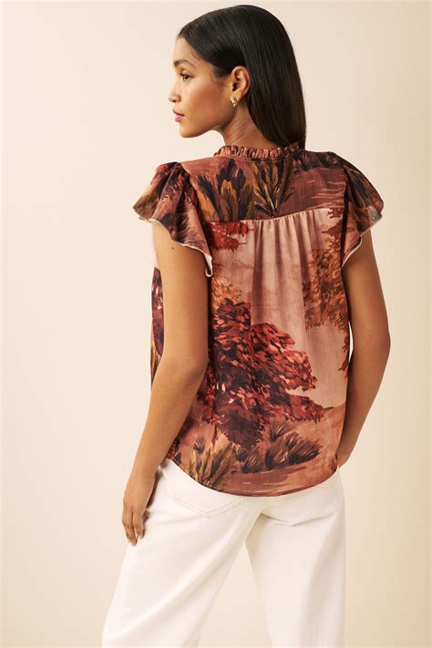 Buy Rust Brown Scenic Flutter Sleeve Pintuck V Neck Short Sleeve Blouse