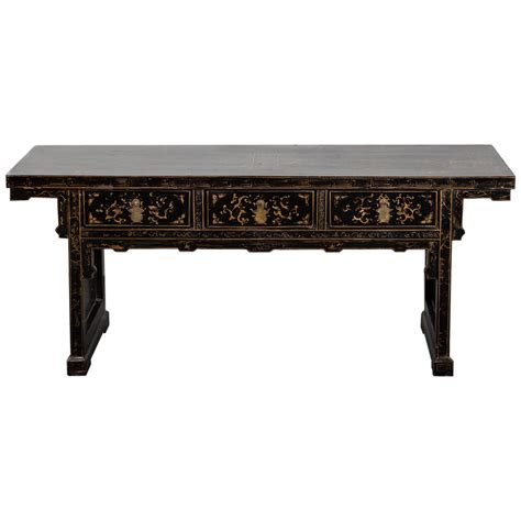 Console Table Chinese Black Lacquer With Chinoiserie Gilded 19th