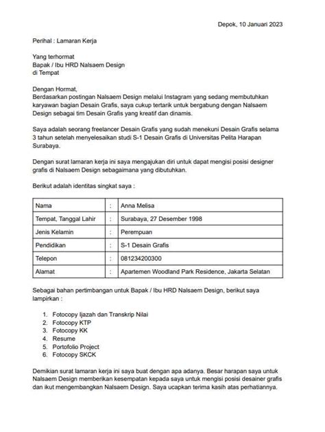 Contoh Surat Lamaran Kerja Desain Grafis Download Doc