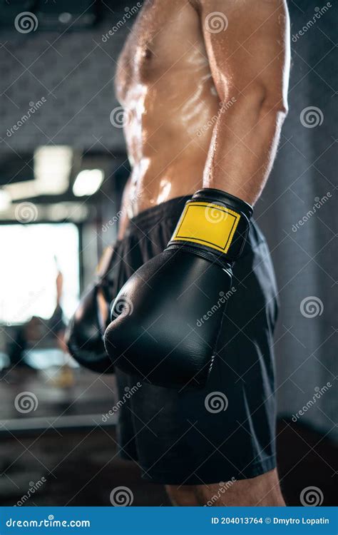 Close Up Of Muscular Sport Boxer Man With Naked Torso Abs In Boxing