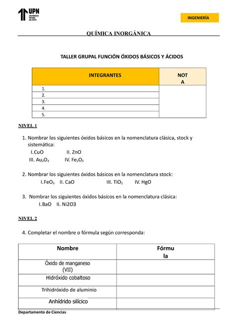 Tarea quimica semana 2 examen teorico 1 QUÍMICA INORGÁNICA TALLER