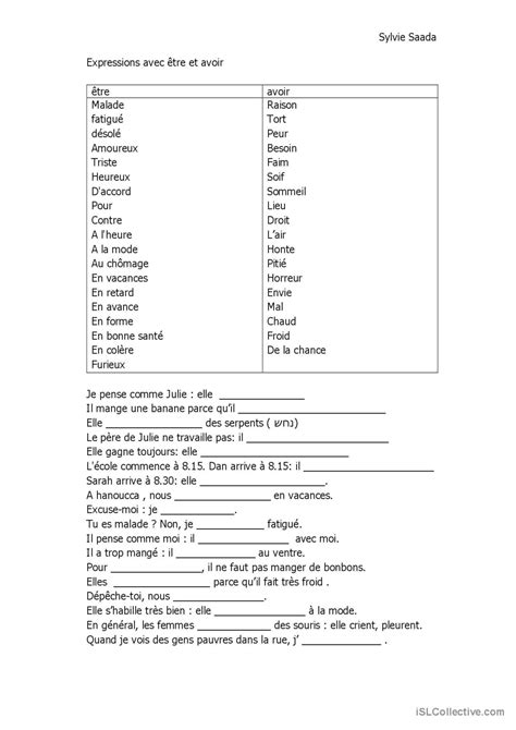 Expressions Avec Tre Ou Avoir Compr Fran Ais Fle Fiches Pedagogiques