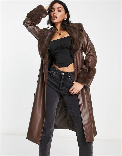 Faux Fur Collar Fur Collars Langer Mantel Longline Coat Asos Collar And Cuff Chocolate