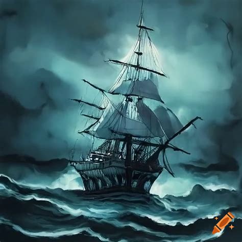 Eerie Ghost Ship In Stormy Sea Painting On Craiyon