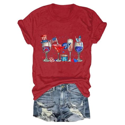 Eccviko Womens Cotton Long Sleeve Shirt Happy 4th Of July Wine Glasses