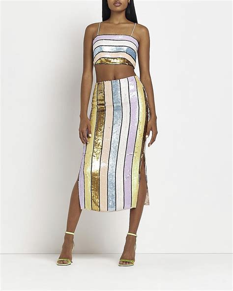 River Island Gold Sequin Stripe Midi Skirt In Yellow Lyst