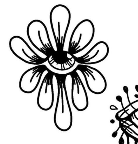 Two Black And White Drawings Of An Eye In The Center Of A Flower With