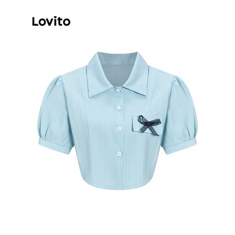 Lovito Blusa Laço Frontal e Botão Lisa e Casual para Mulheres