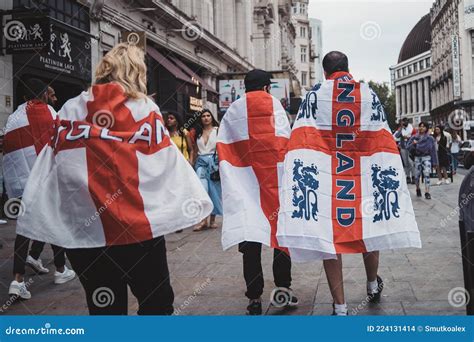 English Fans With Flags Gathering At Leicester Square To Watch The