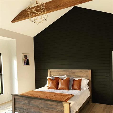 Bedroom With Black Shiplap Wall And Exposed Wood Beams Soul Lane