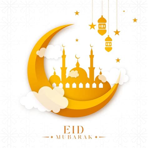 Une carte de voeux eid mubarak avec une lune et des étoiles sur fond