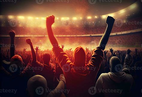 Back View Of Football Soccer Fans Cheering Their Team Stadium At