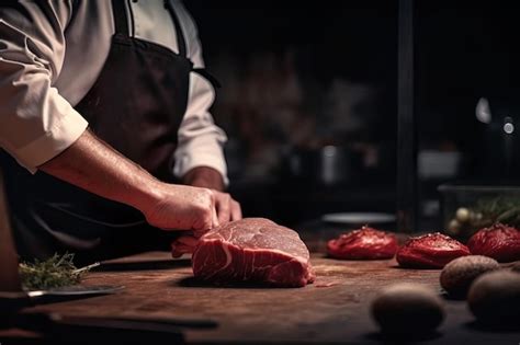 Un Chef Corta Carne En Una Tabla Para Cortar Foto Premium