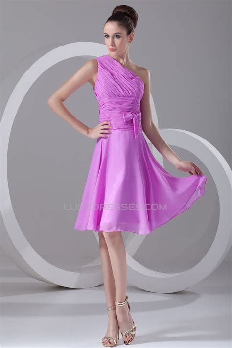 Short Purple Bridesmaid Dress With One Shoulder And Bows